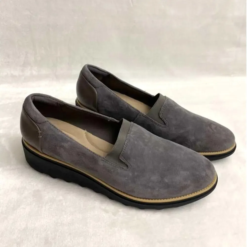 Clarks Sharon Dolly Suede Leather Comfort Slip on Shoes Gray Women’s Sz 9.5